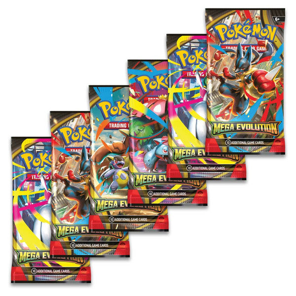 Pokémon TCG Mega Evolution Base Set 6 Booster Packs featuring Mega Lucario EX, Mega Gardevoir EX, and other Mega Evolution Pokémon