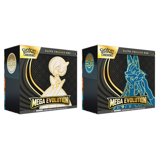 Sealed Pokémon TCG Mega Evolution Elite Trainer Box with 9 booster packs, full-art promo card, sleeves, dice & collector accessories.